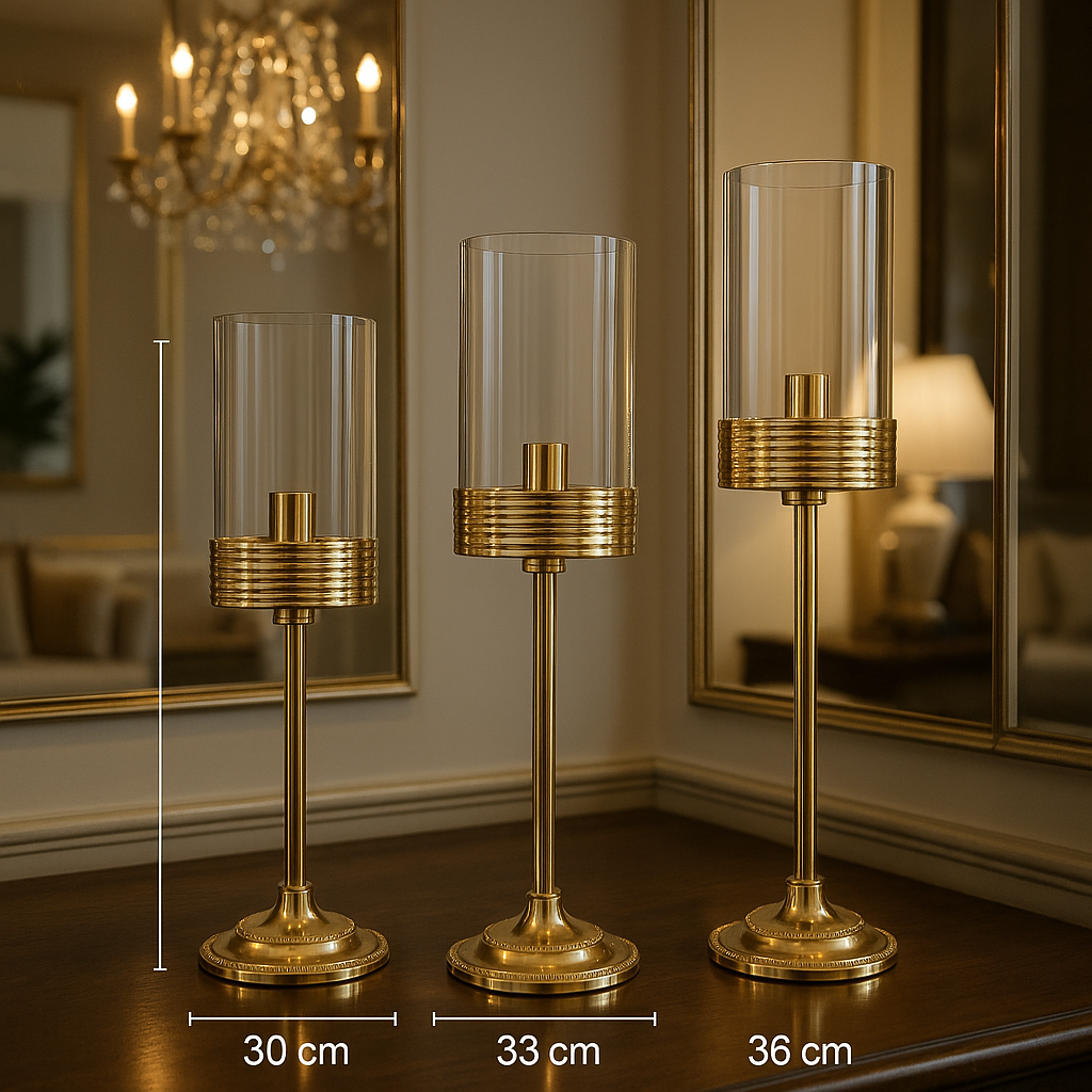 Lüks Altın 3’lü Şamdan Seti – Polikarbon Kırılmaz Cam Şeffaf Başlıklar – 30/33/36 cm Uzun Şamdanlar – Elegan Ev Dekor Merkez Parçası
