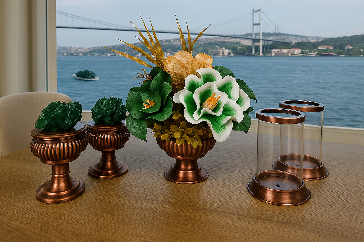 El Yapımı Bakır Dekor Seti: Mercan Formlu Şekerlikler ve Çiçek Desenli Mumluklar
